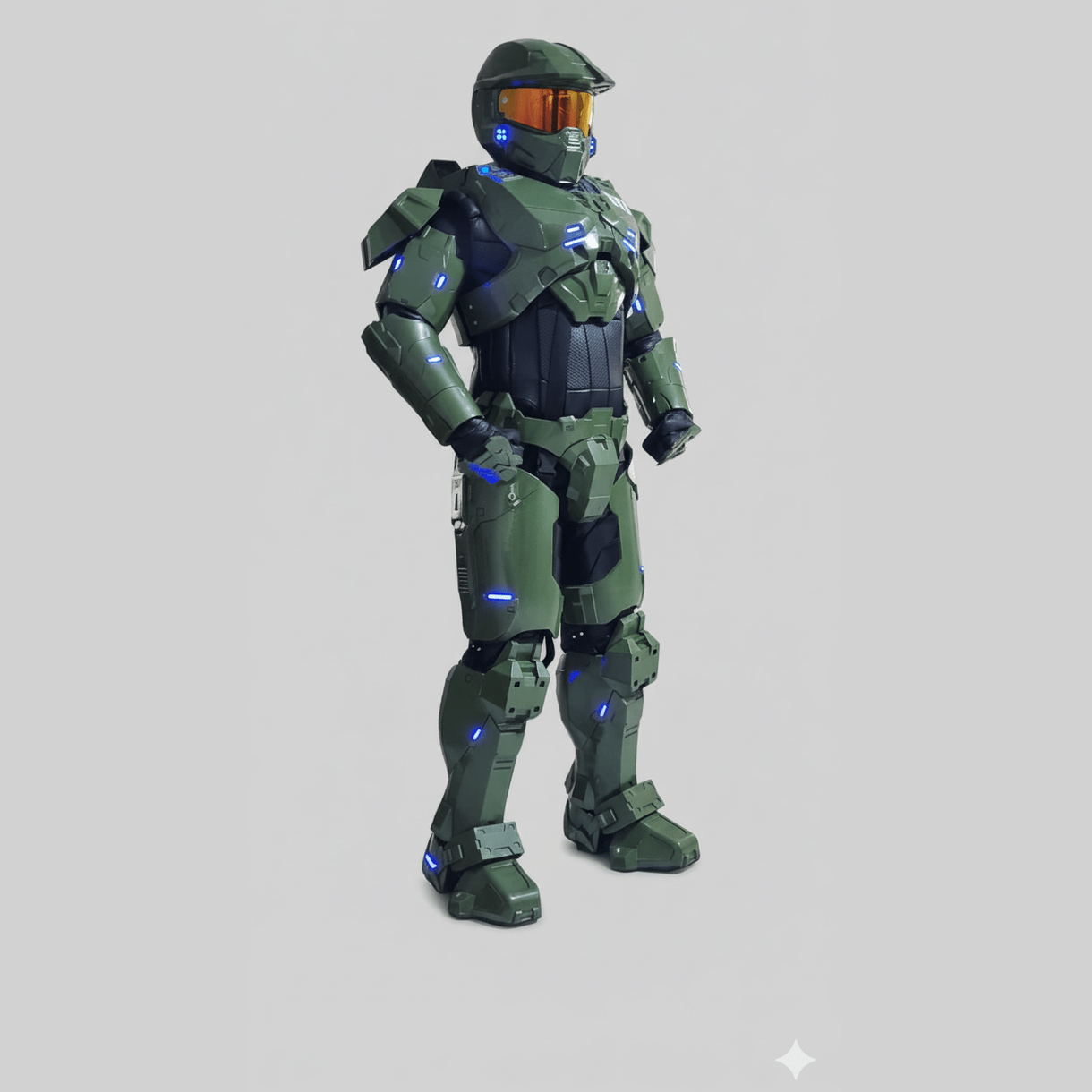 Armadura de Jefe Maestro completa en verde oscuro con visor naranja reflectante, diseño detallado para cosplay adulto.