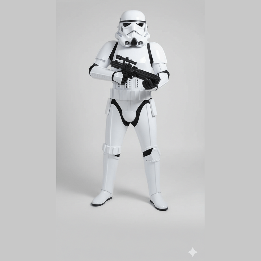 Disfraz adulto Stormtrooper blanco con casco y blaster negro, estilo cosplay.