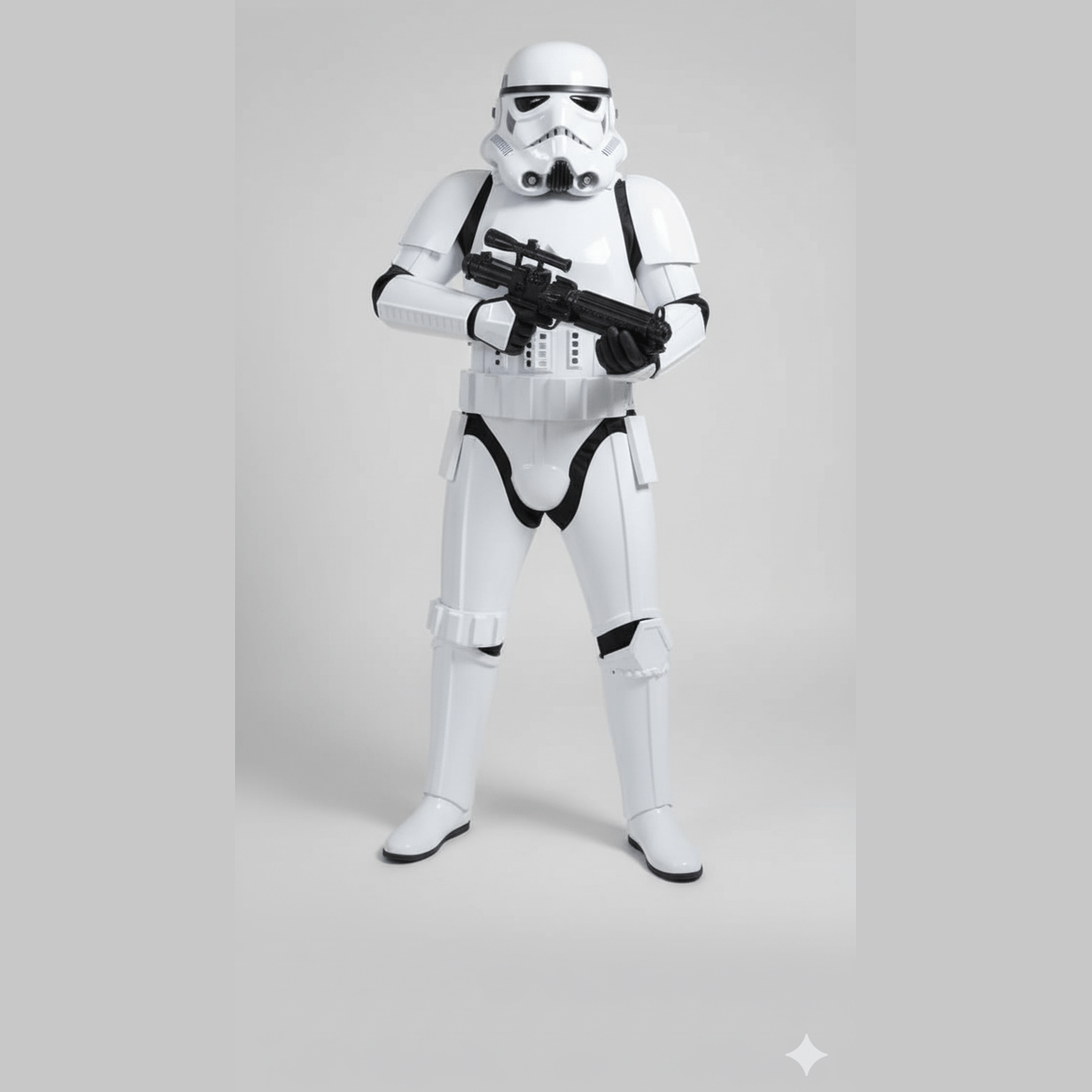 Disfraz adulto Stormtrooper blanco con casco y blaster negro, estilo cosplay.