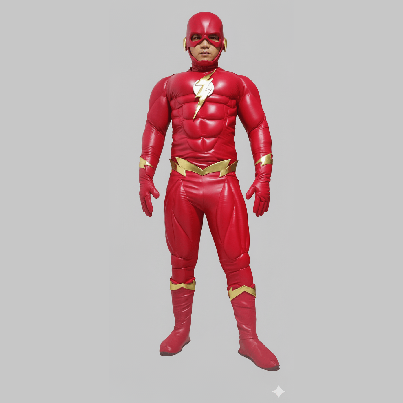 Disfraz rojo de Flash con músculos 3D y detalles dorados, estilo profesional.