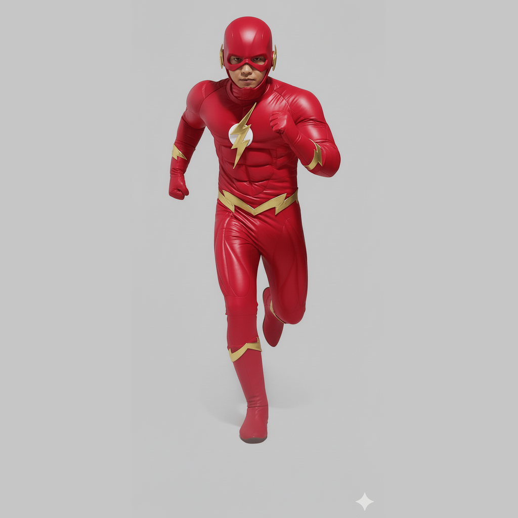 Disfraz rojo de Flash con músculos definidos y textura 3D, detalles dorados y máscara completa.