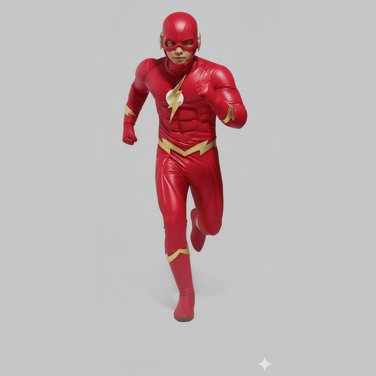 Disfraz rojo de Flash con músculos definidos y textura 3D, detalles dorados y máscara completa.