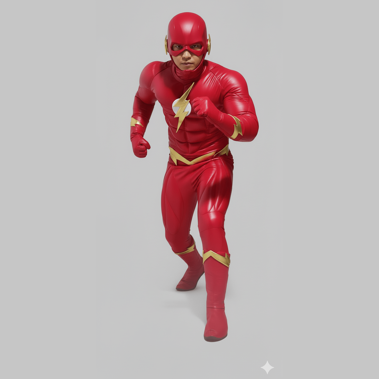 Disfraz rojo de Flash con músculos 3D y detalles amarillos, edición alta costura.