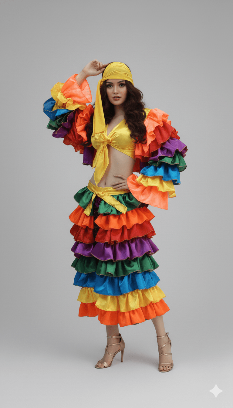 Conjunto Caribeño de volantes multicolor con blusa amarilla y turbante a juego.