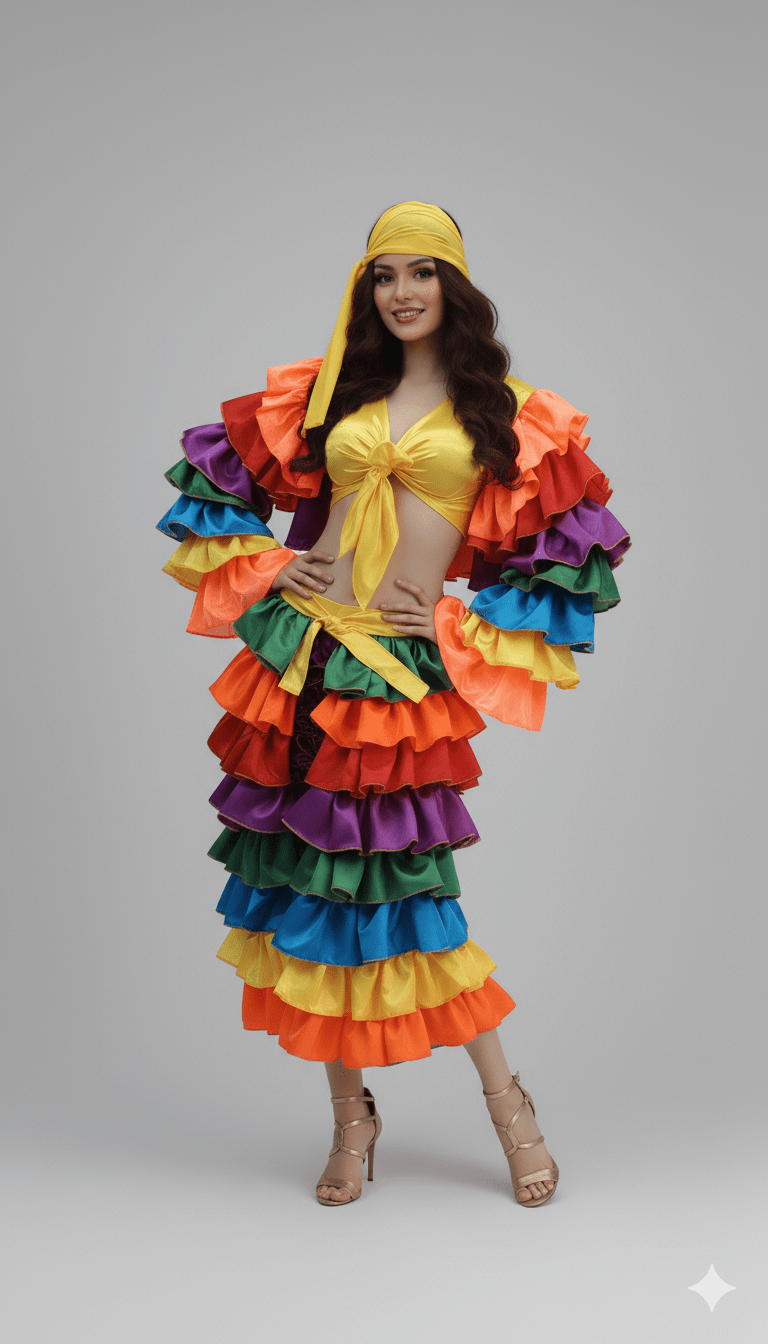 Traje caribeño femenino con volantes multicolores, blusa anudada y pañoleta amarilla.