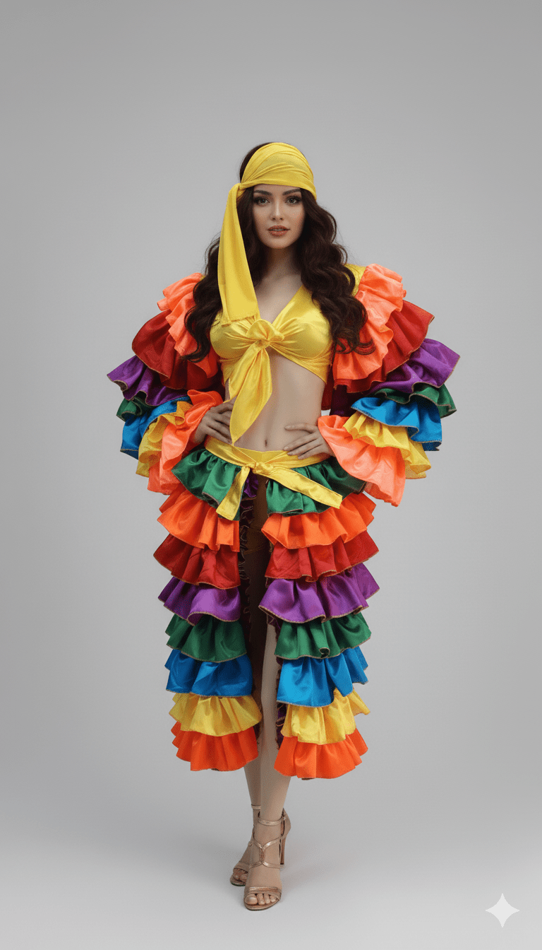 Disfraz caribeño de mujer con blusa anudada amarilla y pantalón con volantes multicolor brillante.