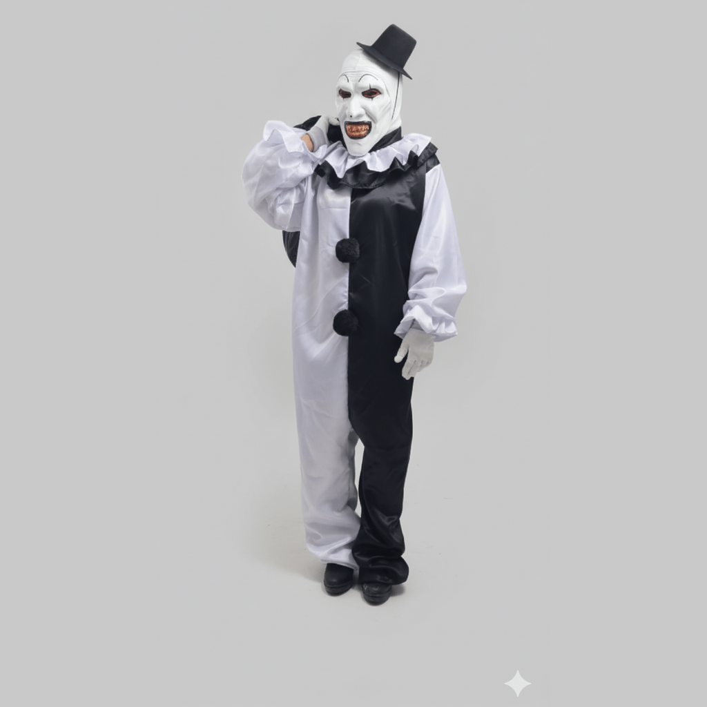 Disfraz de payaso siniestro bicolor blanco y negro con sombrero de copa pequeño.