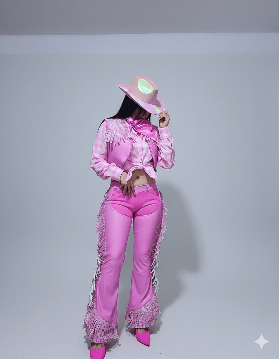 Conjunto vaquera rosa con flecos brillantes, pantalón acampanado y sombrero a juego.