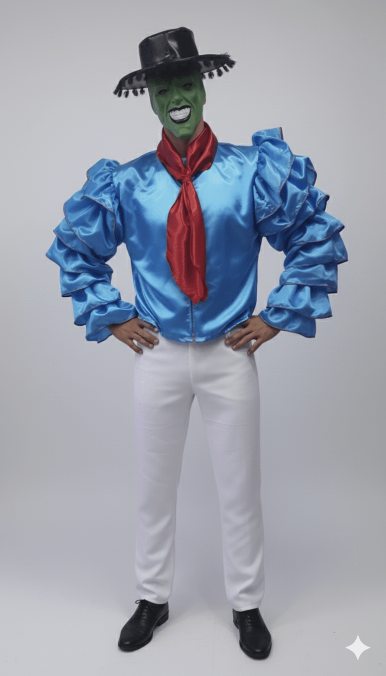 Disfraz La máscara con camisa azul satín, pañuelo rojo, pantalón blanco y sombrero negro con flecos.