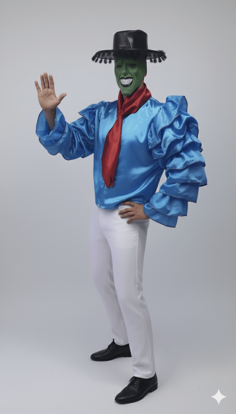 Disfraz adulto La Máscara con camisa azul brillante, sombrero negro y pantalón blanco.