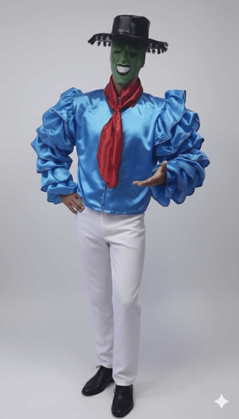 Disfraz de La Máscara con blusa azul brillante, pantalón blanco, sombrero negro y pañuelo rojo.