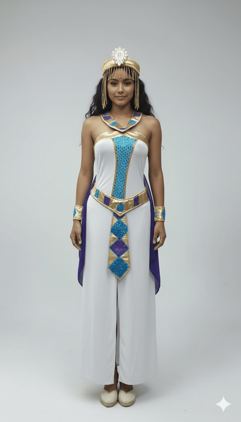 Disfraz adulto Reina Egipcia Cleopatra blanco con detalles dorados y azules, capa morada, corona y brazaletes dorados.