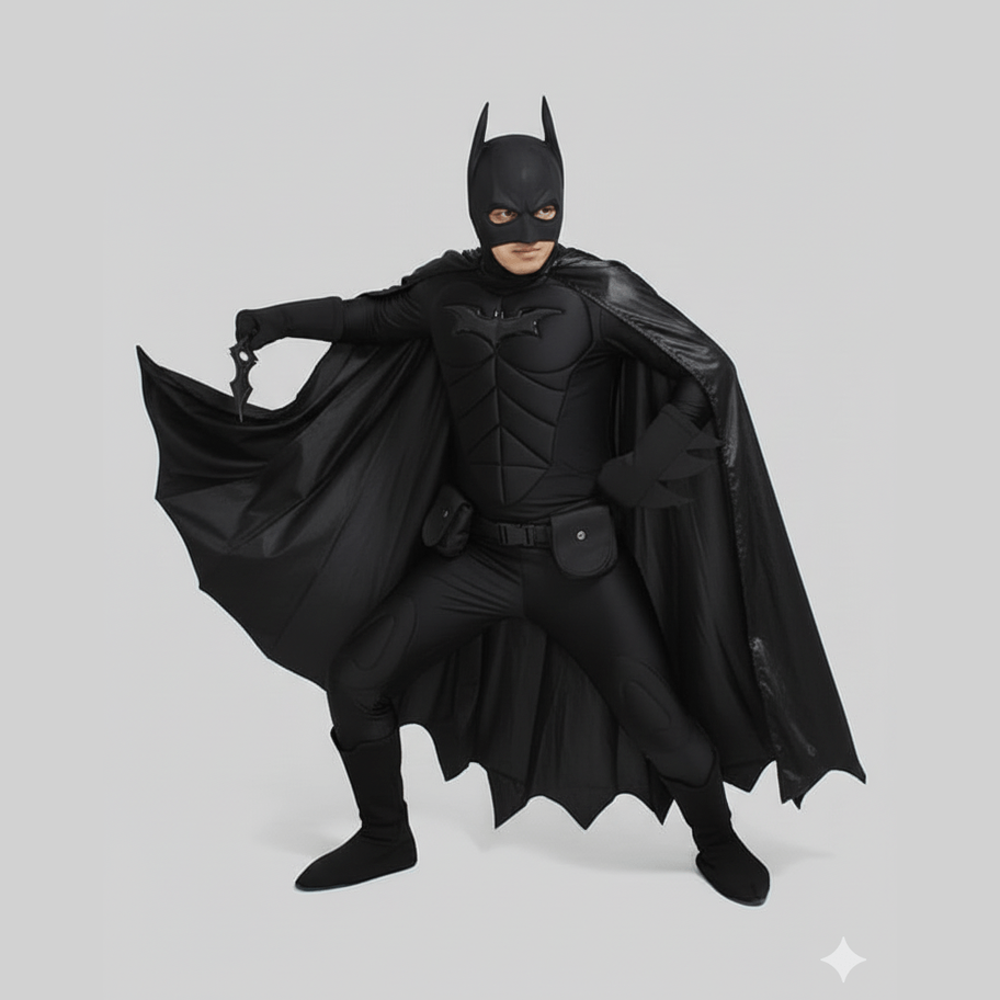 Traje cosplay Batman clásico negro con capa larga y máscara de orejas puntiagudas.