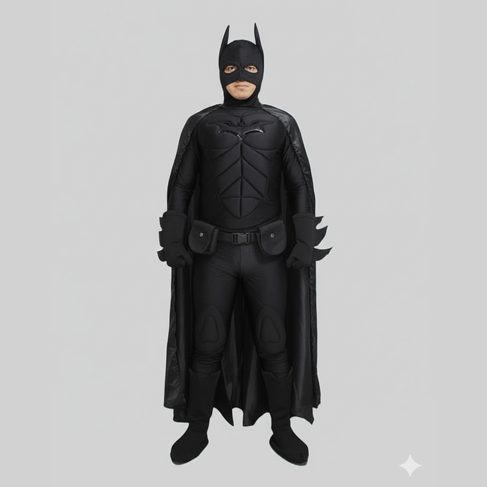 Traje cosplay Batman clásico negro con capa, máscara y cinturón detallado.