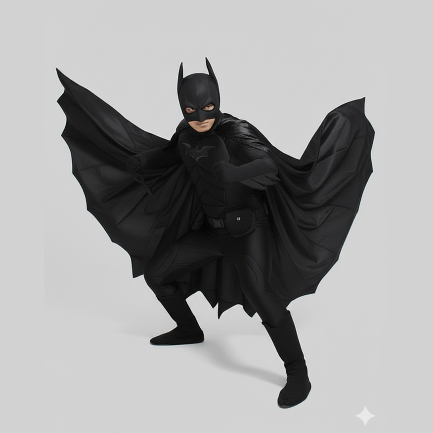 Traje cosplay Batman clásico negro con capa amplia y máscara con orejas puntiagudas.